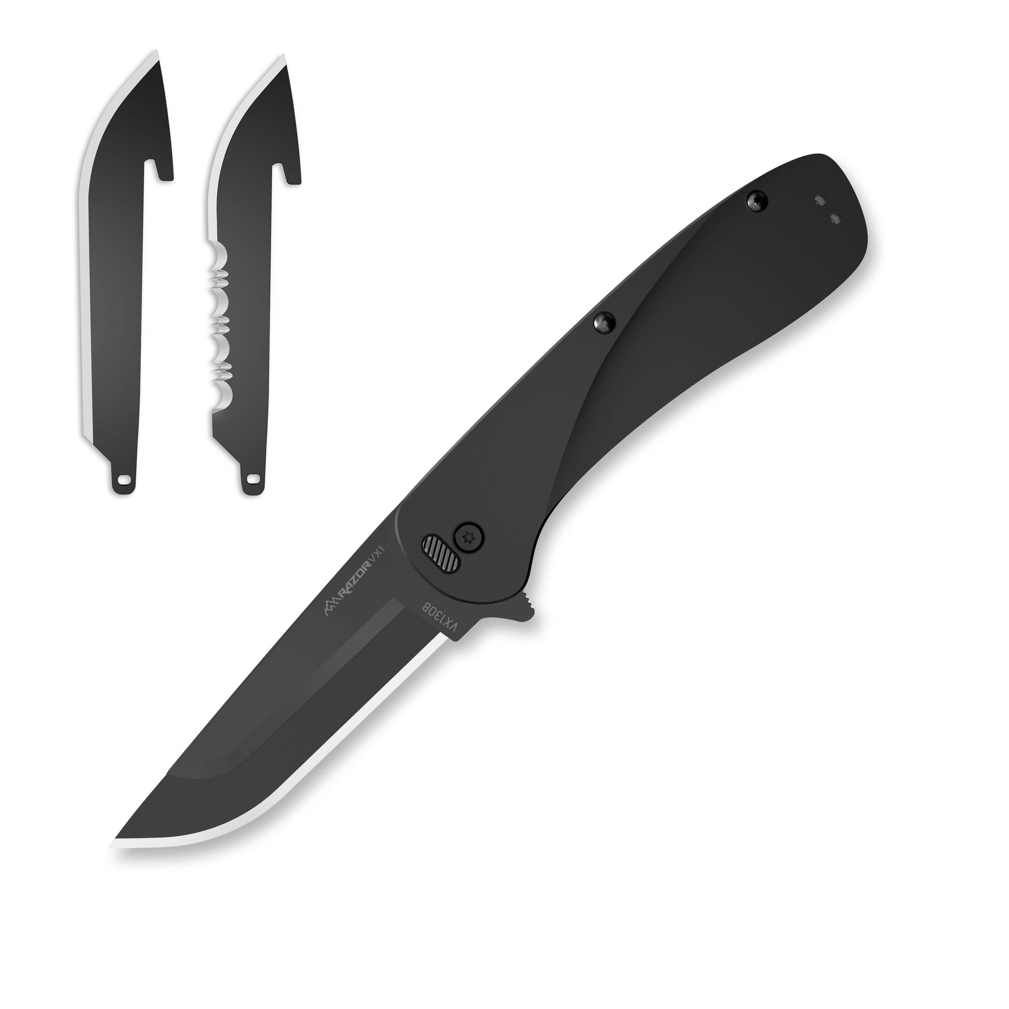 Black folding knife with blade open on a white background