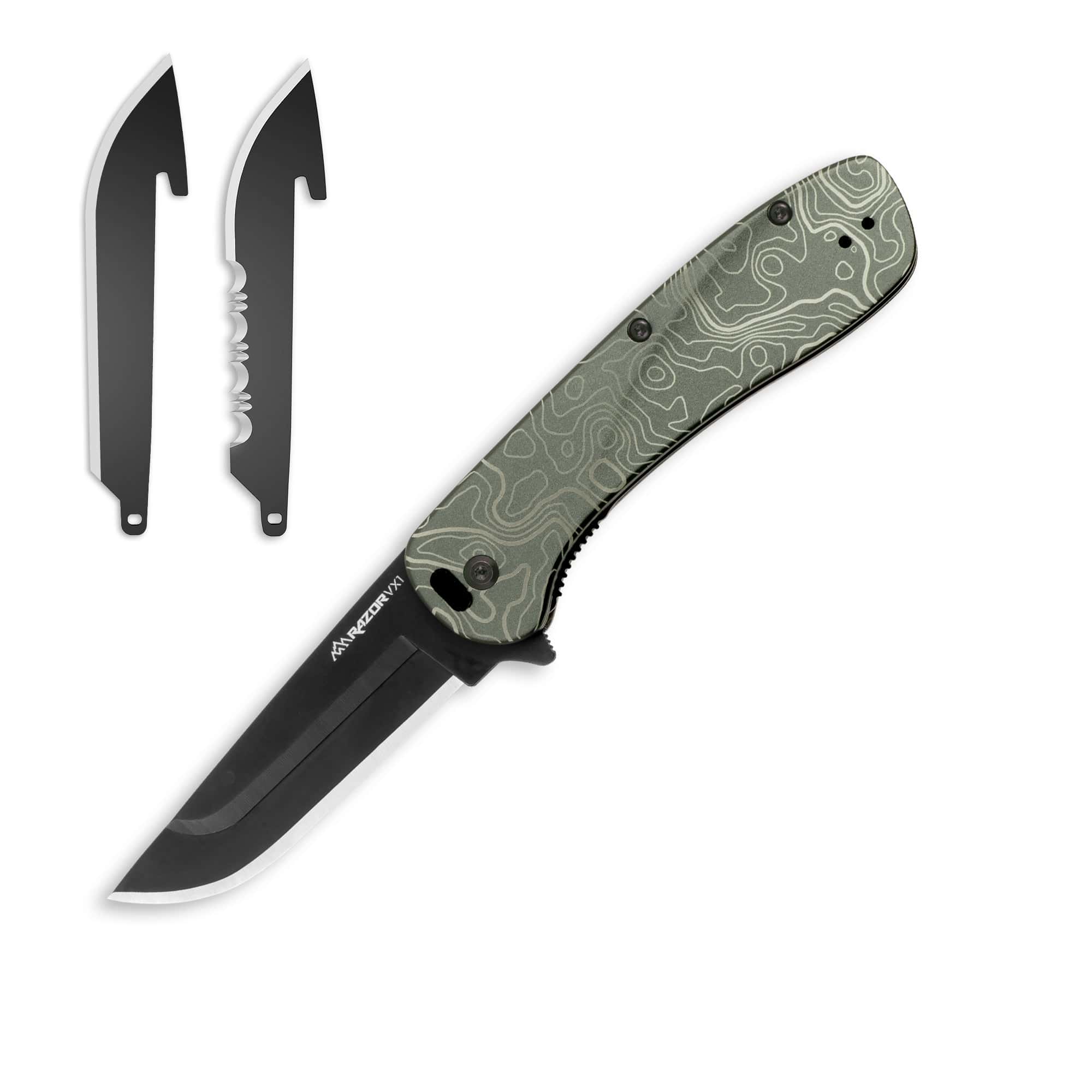 Folding knife with black blade and patterned handle on a white background