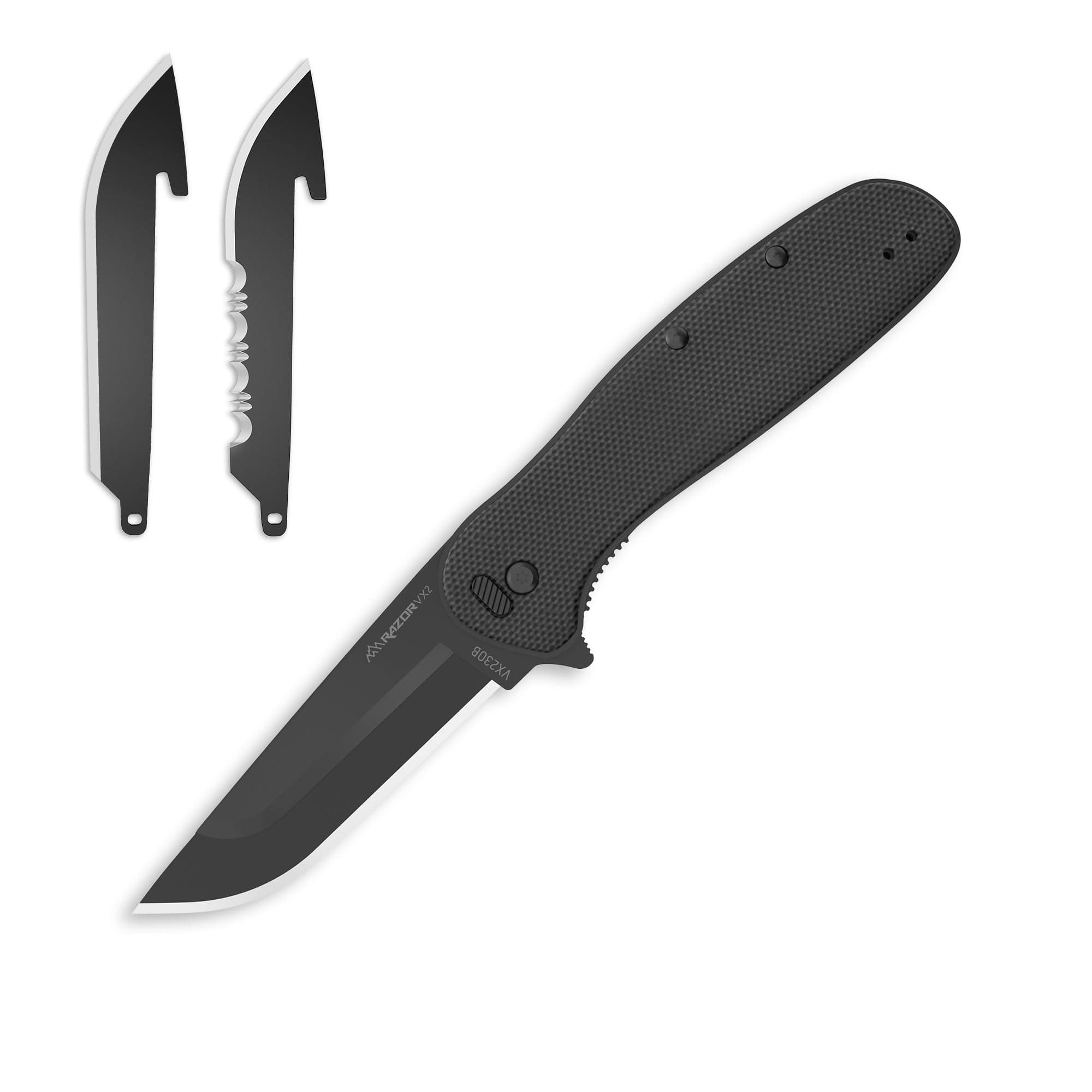 Black folding knife with two blade positions on a white background