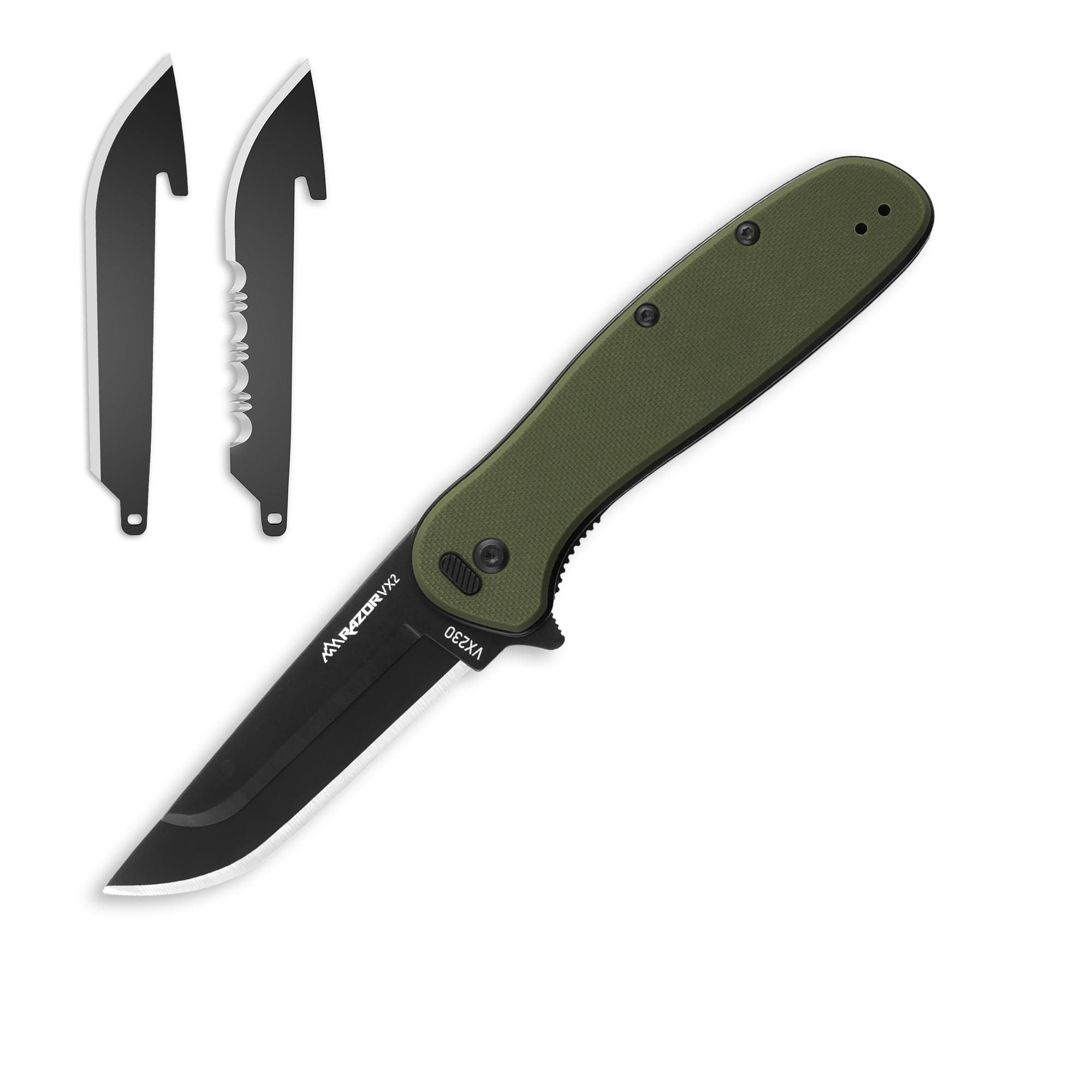 Green folding knife with two blade options on a white background