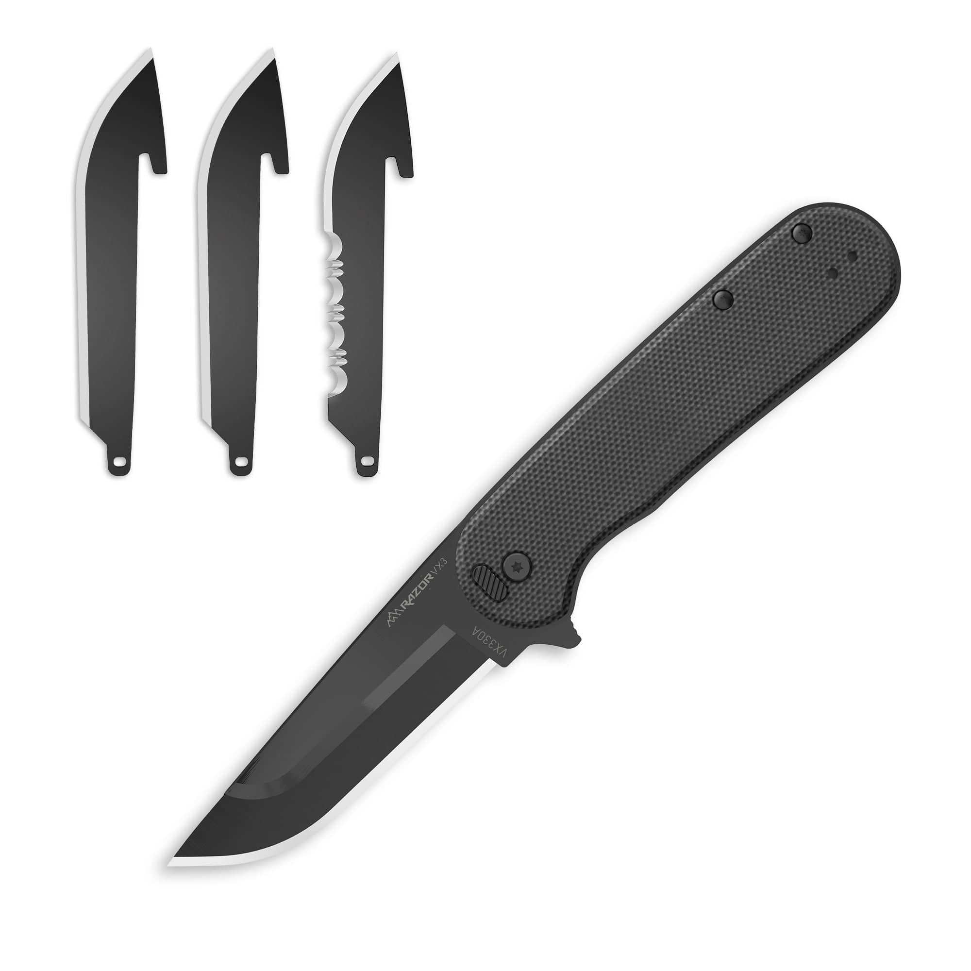 Black folding knife with three blade variants on a white background