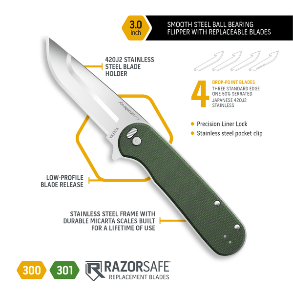 RazorVX3 | 3.0" Replaceable Blade Everyday Carry Knife with Stainless Steel Ball Bearing Pivot