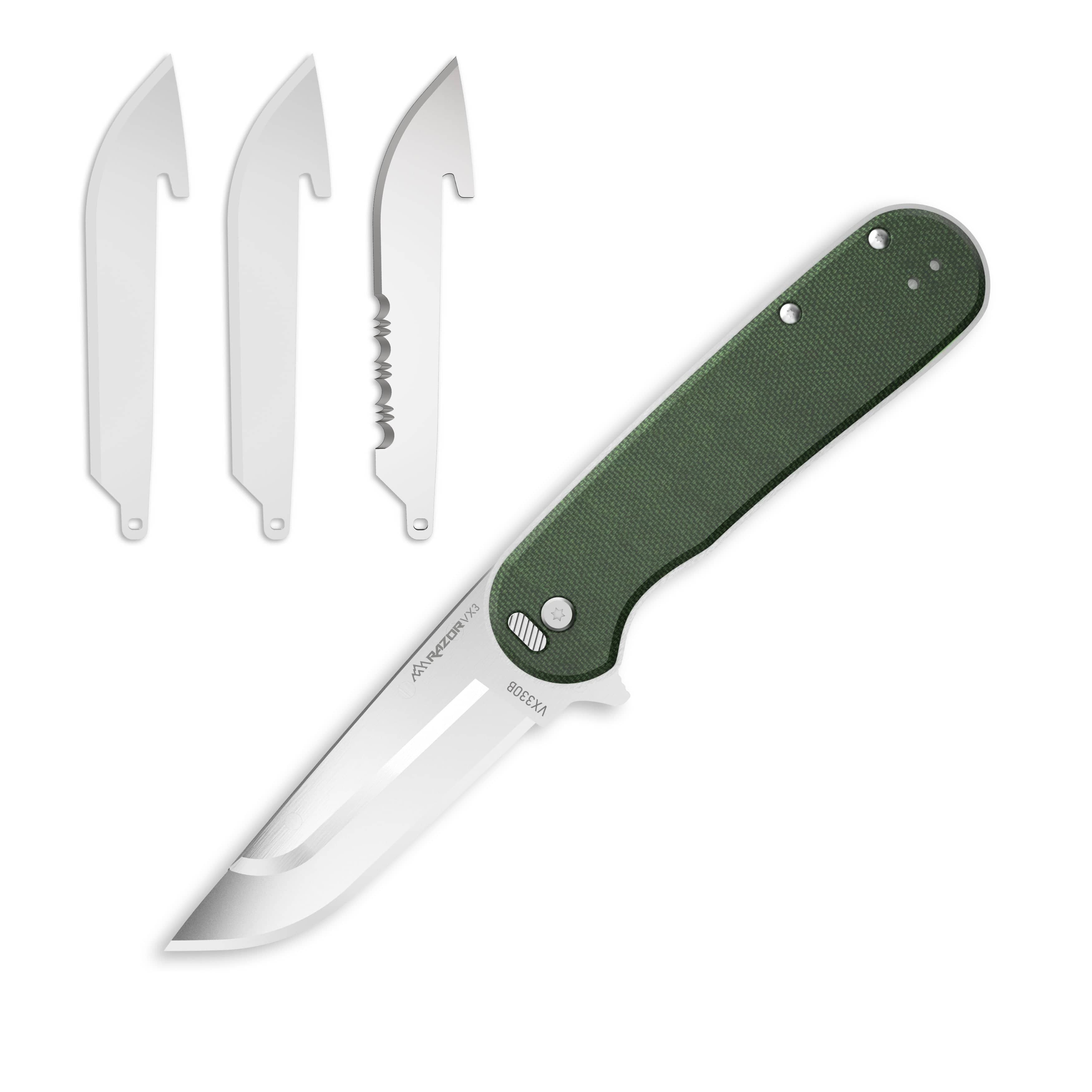 Green folding knife with extra blades on a white background