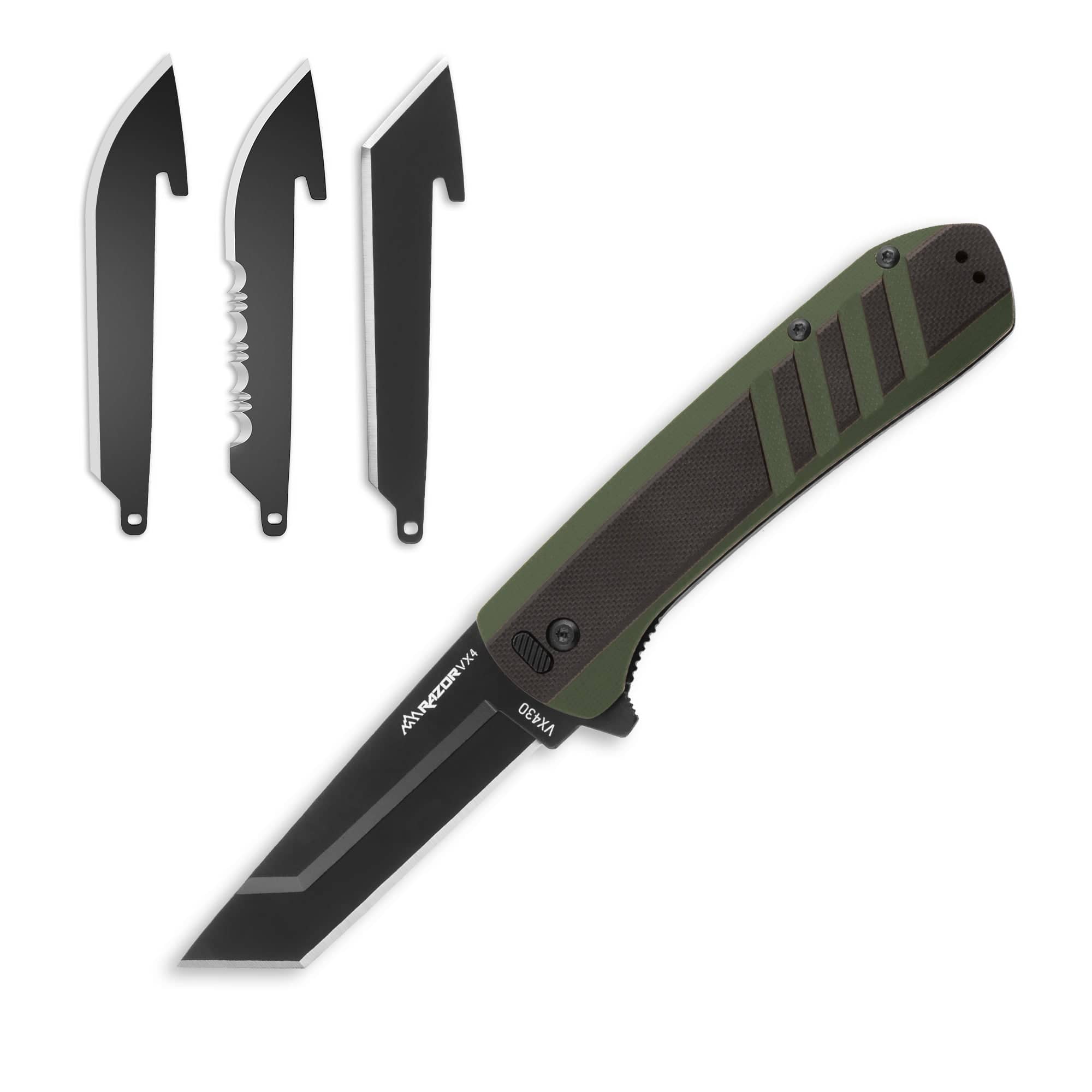 Green folding knife with three blade variants on a white background
