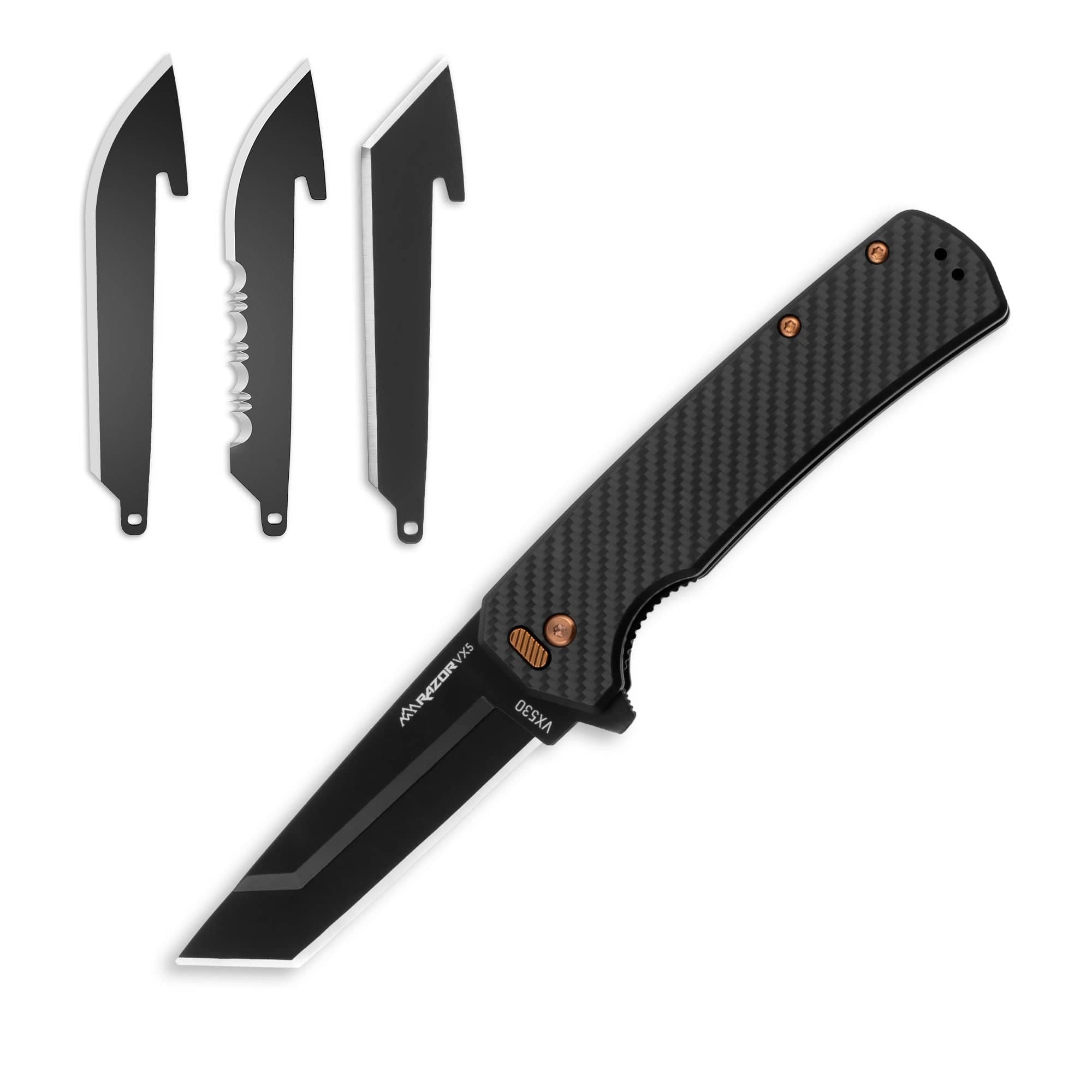 Black folding knife with three interchangeable blades on a white background