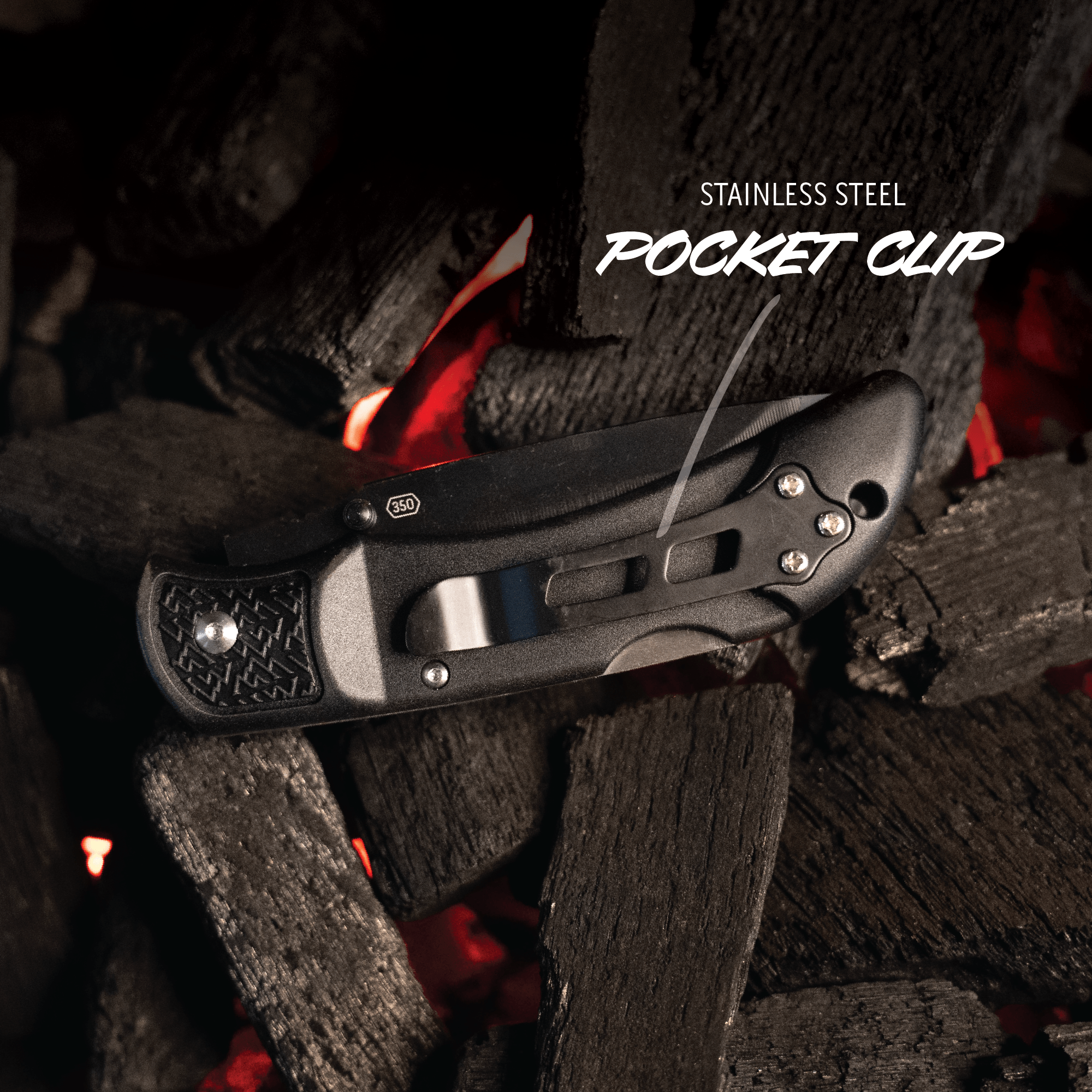 Stainless steel pocket clip on a background of burning wood