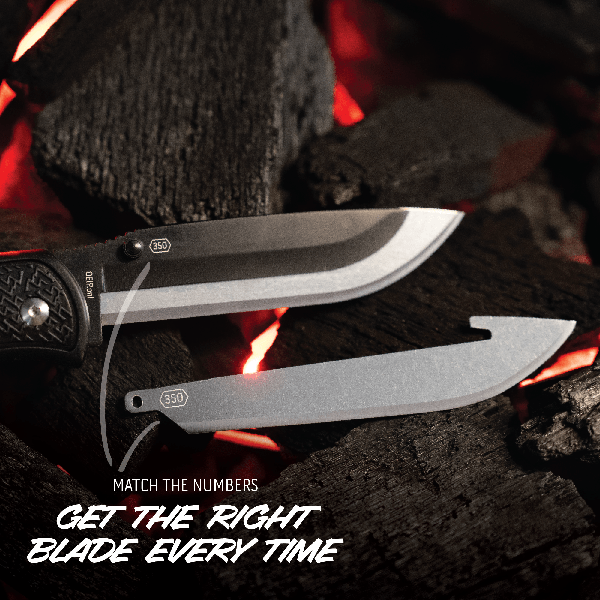 Two knives on a dark background with text about matching blade numbers.