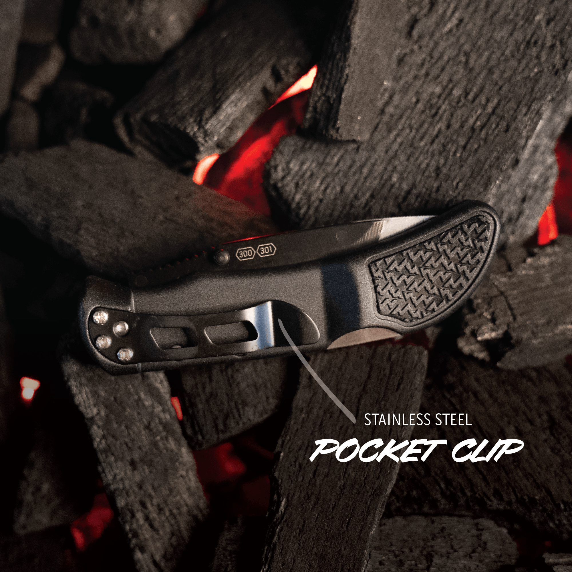 Pocket clip on a background of coals and flames, with 'Stainless Steel Pocket Clip' text.