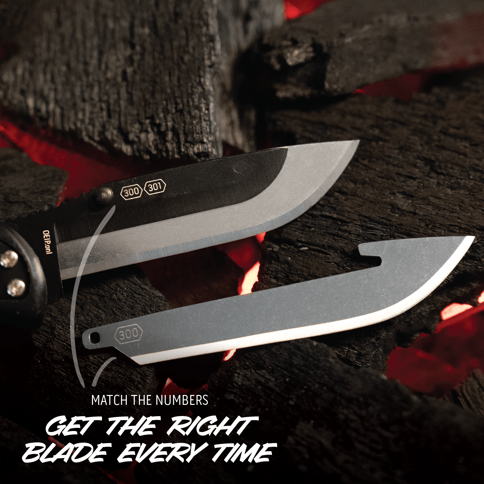 Two knives on a dark background with text overlay.