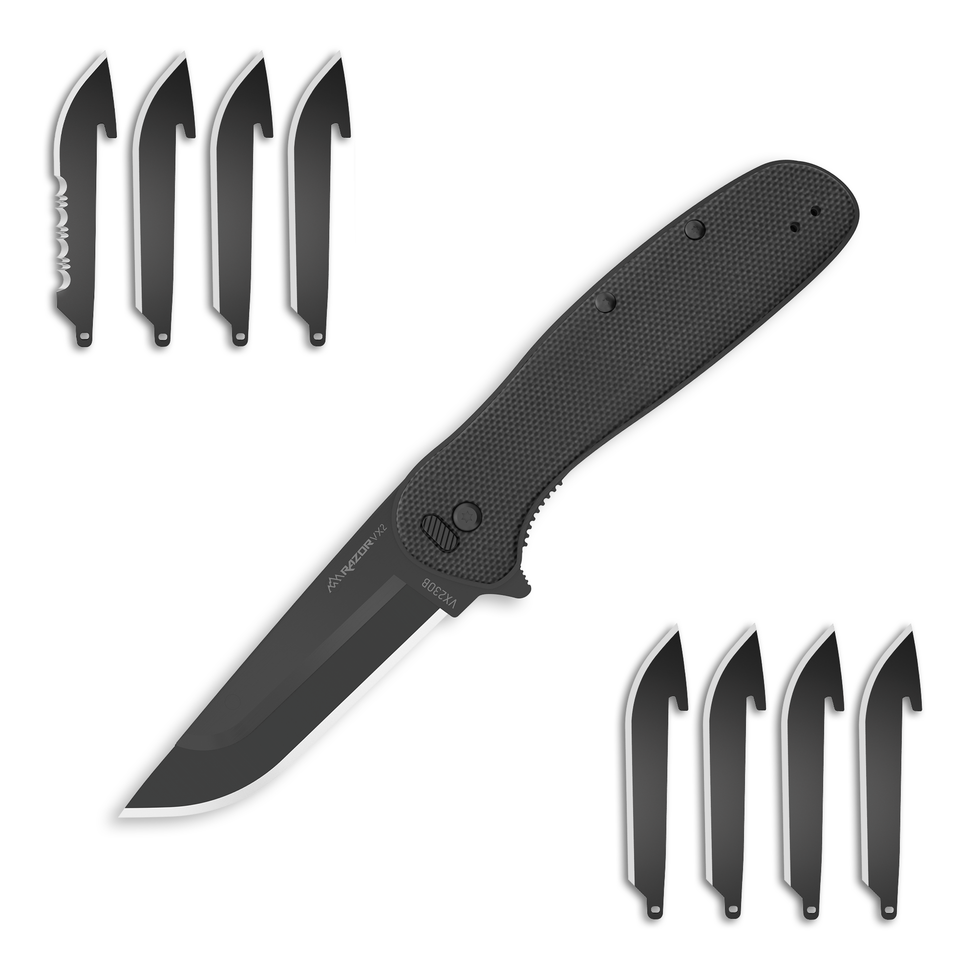 Black folding knife with multiple blade options on a white background