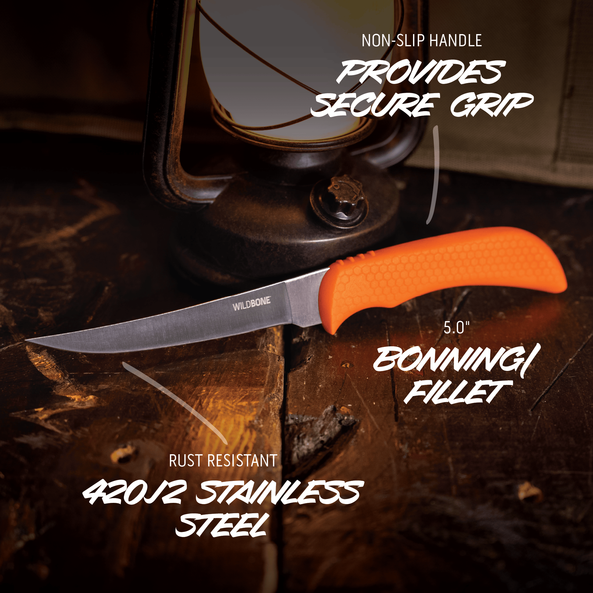 Knife with orange handle on a wooden surface, featuring text about its features.