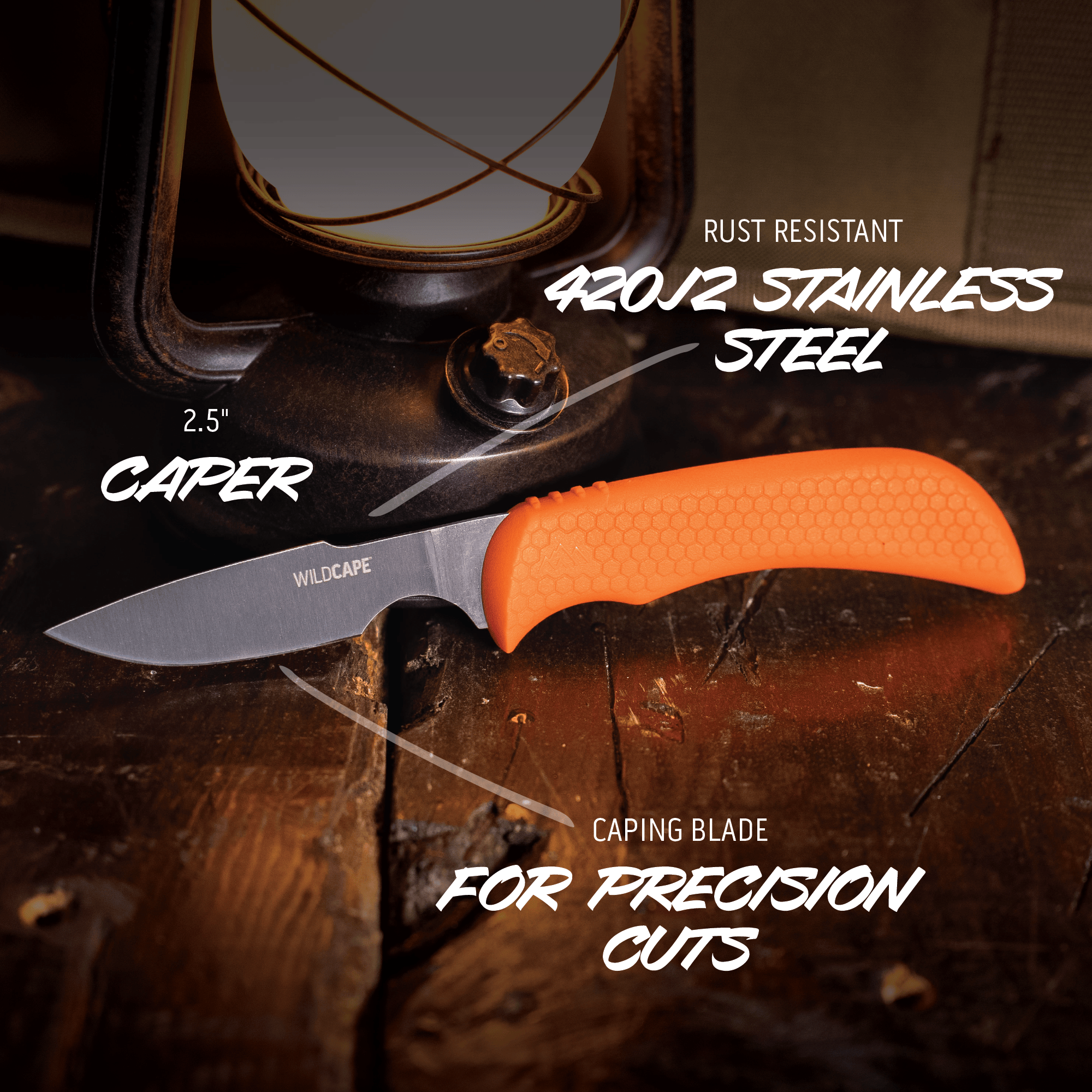 Knife with orange handle on a wooden surface, highlighting features like stainless steel and precision cutting.