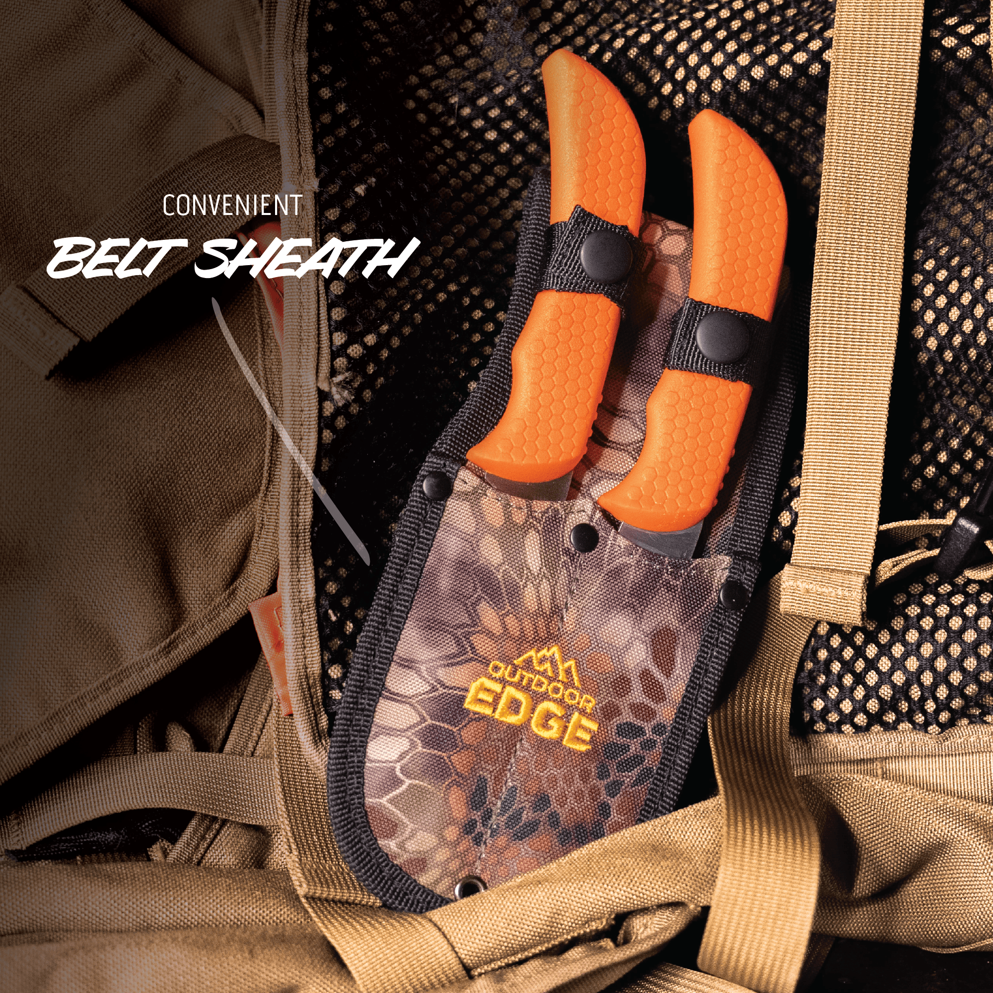 Orange knife with a belt sheath on a tactical background