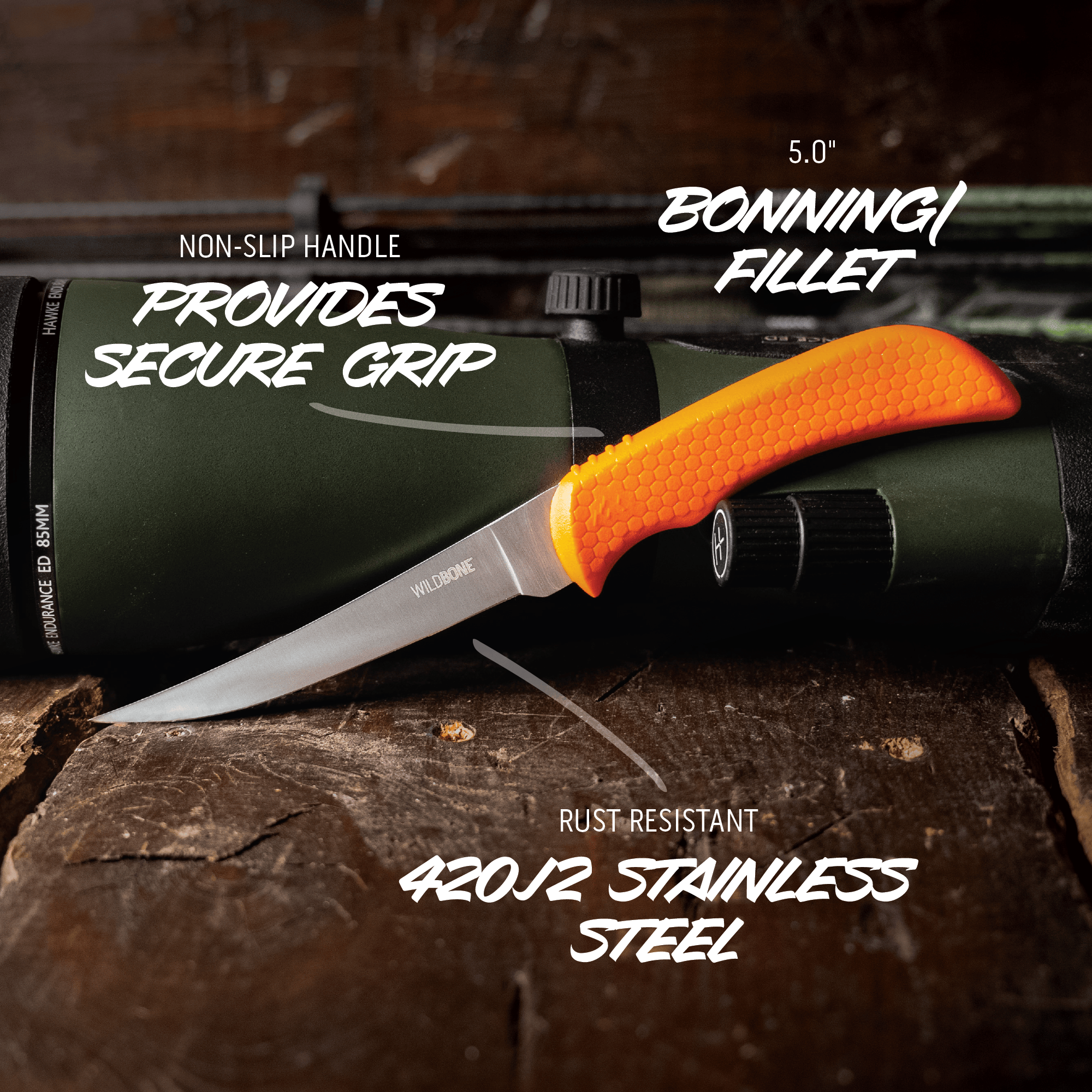 Fishing knife with orange handle on a wooden surface, featuring text about its features.