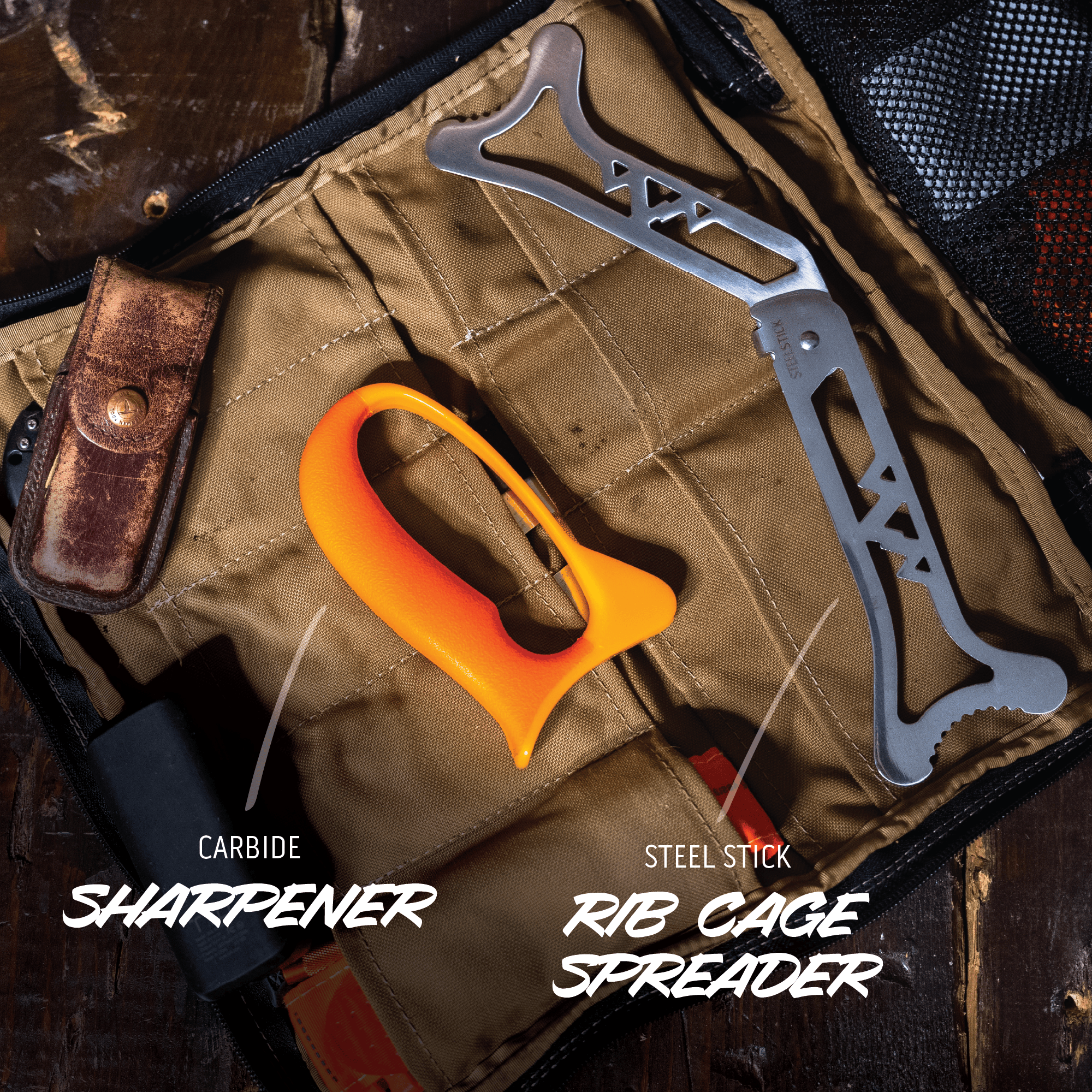 Carbide sharpener and steel stick rib cage spreader on a textured surface