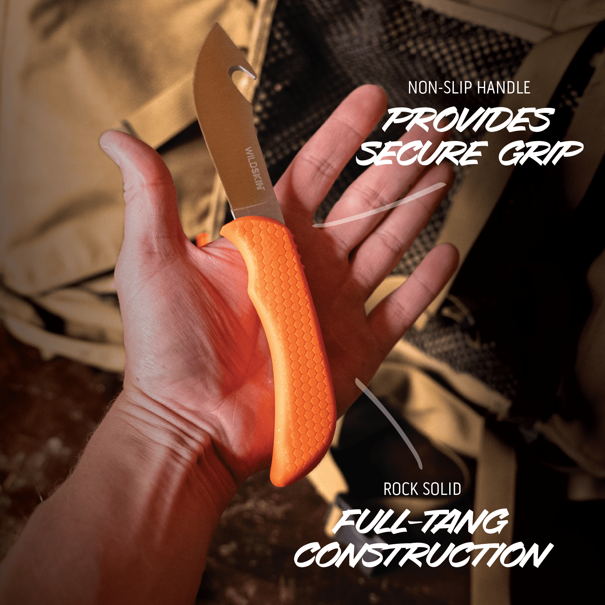 Hand holding a knife with an orange handle, text highlighting features.