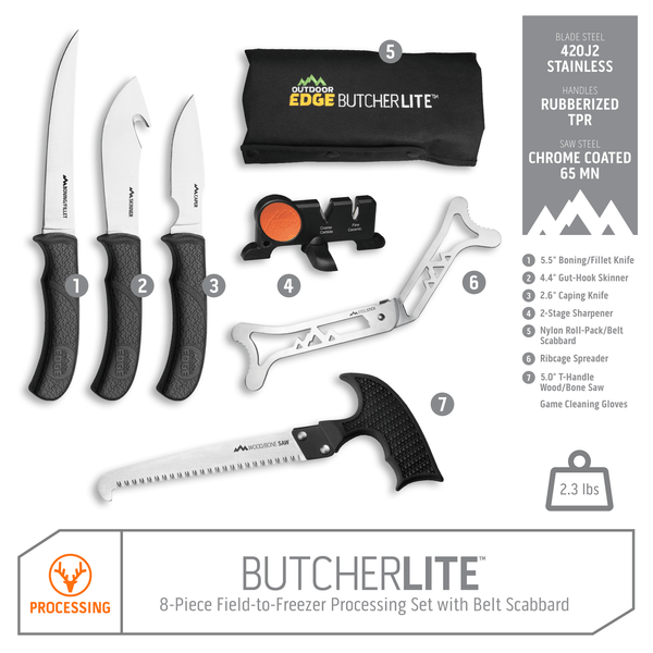 Outdoor Edge ButcherLite Hunting Knife Set Product Photo with callouts for boning/fillet knife, gut-hook skinner, caping knife, sharpener, roll-pack, ribcage spreader, and wood/bone saw.