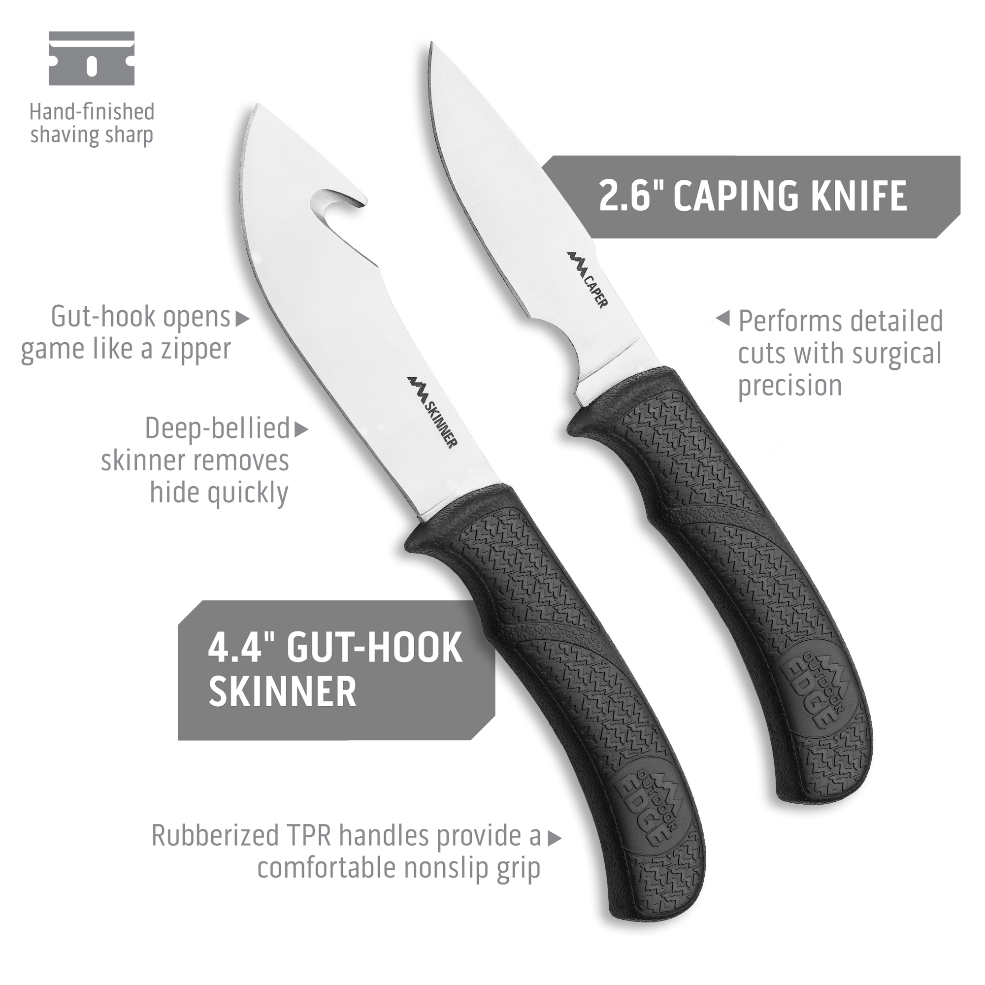 Outdoor Edge Outfitter Hunting Knife Set Product Photo showing blade lengths on caping knife and gut-hook skinner.