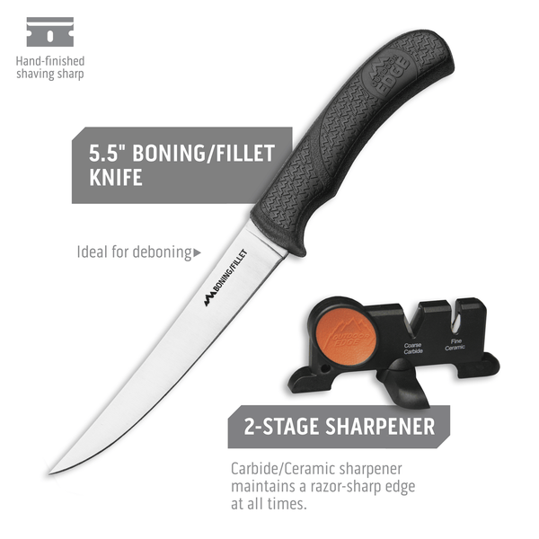 Outdoor Edge ButcherLite Hunting Knife Set Product Photo showing blade lengths on boning/fillet knife and also shows 2-stage sharpener.