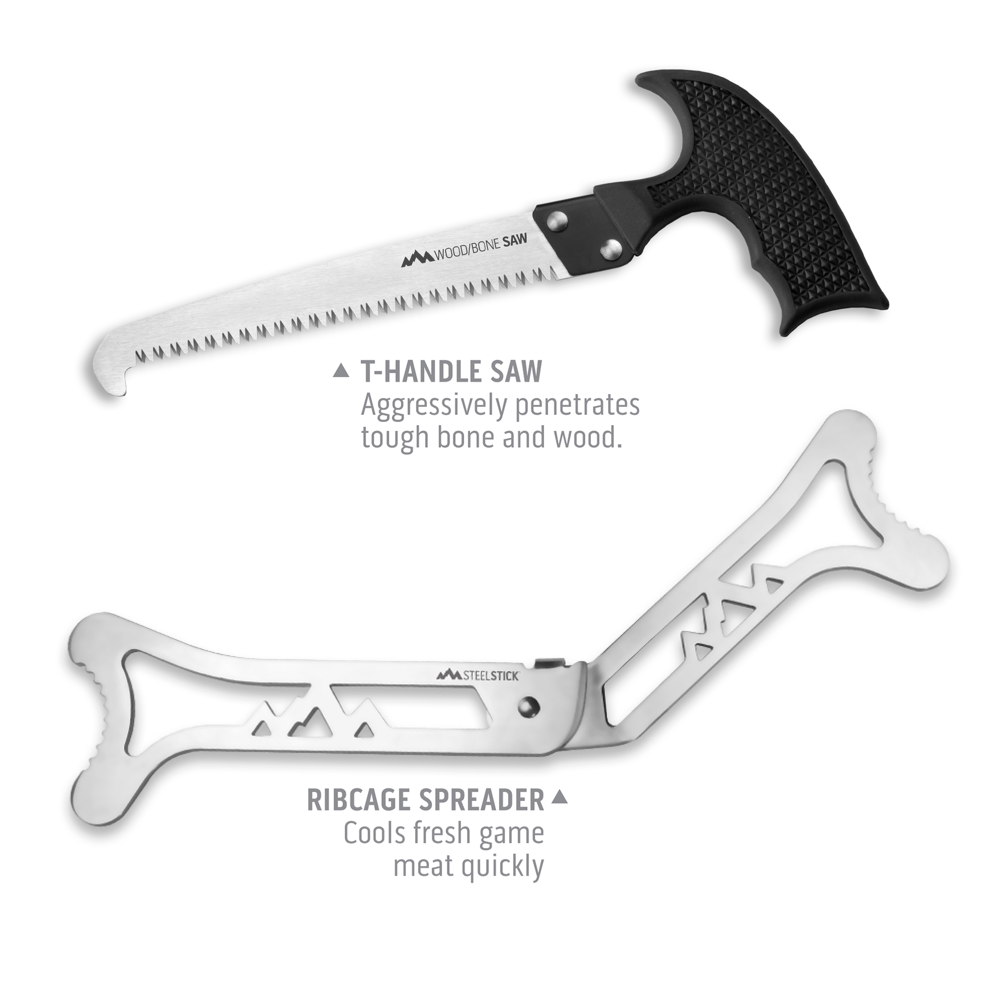 Outdoor Edge ButcherLite Hunting Knife Set Product Photo showing t-handle saw and ribcage spreader.