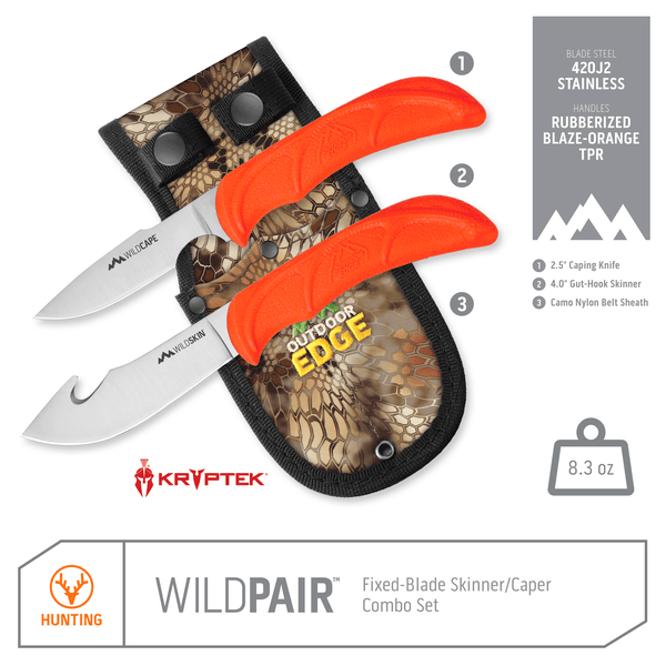 Outdoor Edge WildPair Gut-hook Skinner and Caping Knife Product Photo with callouts for Caping Knife, Gut-Hook Skinner, and Camo Nylon Belt Sheath