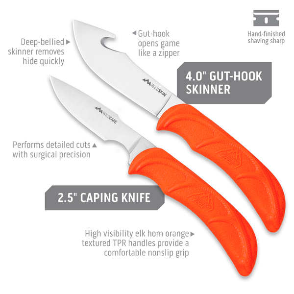 Outdoor Edge Outfitter Hunting Knife Set Product Photo showing blade lengths on caping knife and gut-hook skinner.