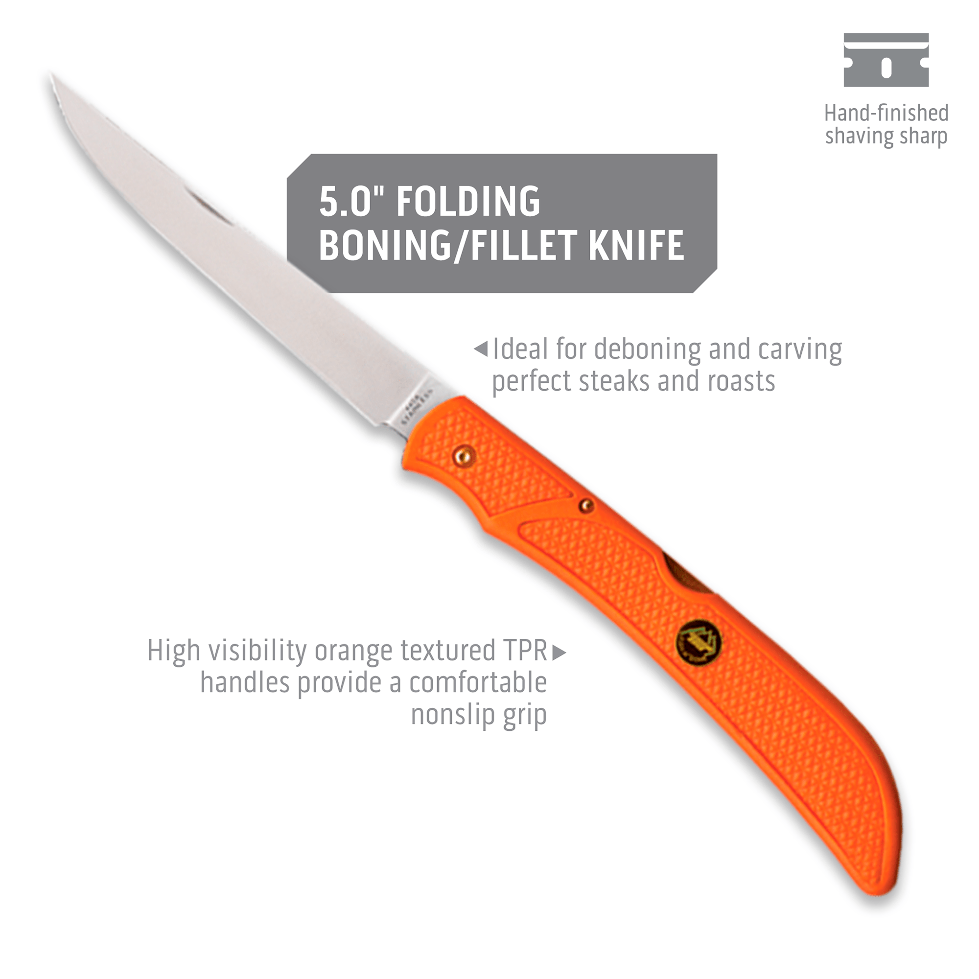 Outdoor Edge Outfitter Hunting Knife Set Product Photo showing blade lengths on folding/fillet knife.