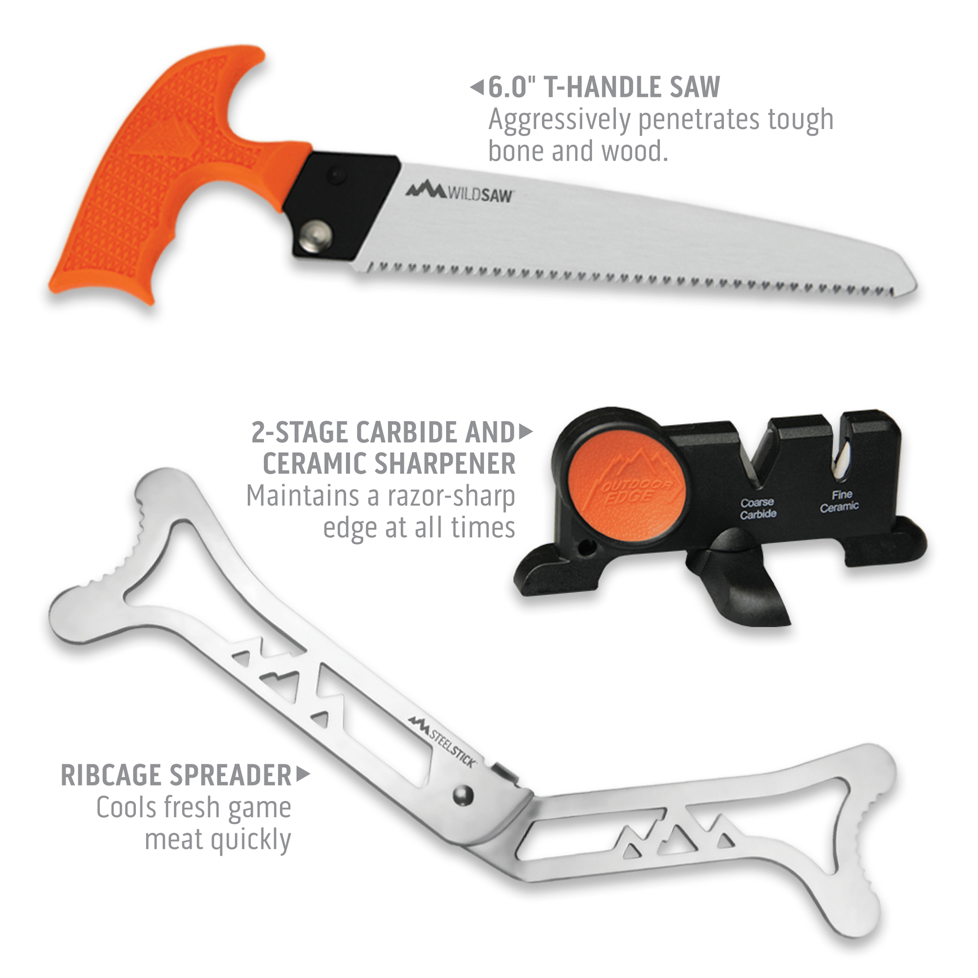 Outdoor Edge Outfitter Hunting Knife Set Product Photo showing t-handle saw, sharpener, and ribcage spreader.