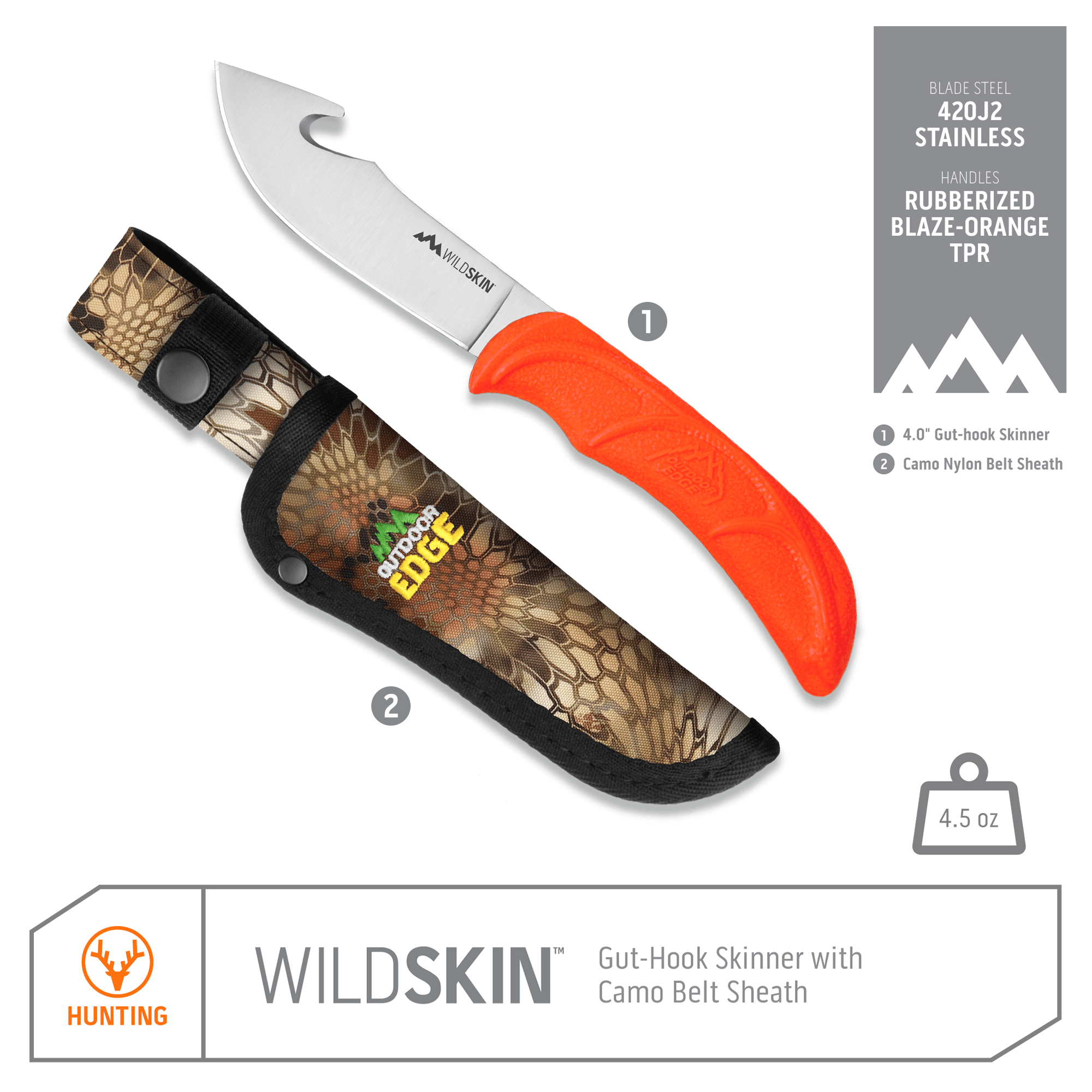 Outdoor Edge WildSkin Skinning Knife Product Photo with callouts for Gut-Hook Skinner and Belt Sheath.