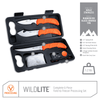 Outdoor Edge WildLite Field and Home Processing knife Set Product Photo including callouts for caping knife, gut-hook skinner, boning and fillet knife, sharpener, and carry case