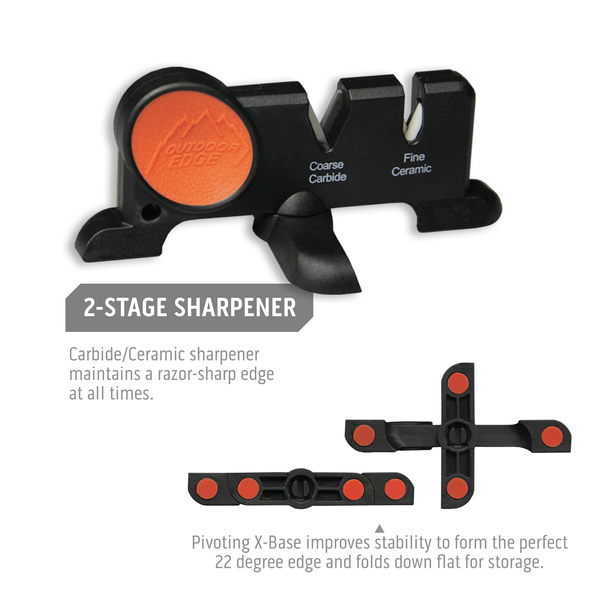 Outdoor Edge WildLite Field and Home Processing knife Set Product Photo showing 2 stage sharpener and pivoting x-base.