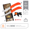 Outdoor Edge WildBone Skinning and Deboning Knife with callouts for Gut-Hook Skinner, Boning/Fillet Knife, Sharpener, and Sheath.