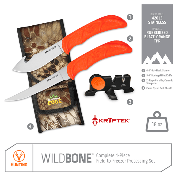 Outdoor Edge WildBone Skinning and Deboning Knife with callouts for Gut-Hook Skinner, Boning/Fillet Knife, Sharpener, and Sheath.