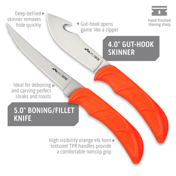 Outdoor Edge WildBone Skinning and Deboning Knife showing blade size for Gut-hook Skinner and Boning/Fillet Knife.