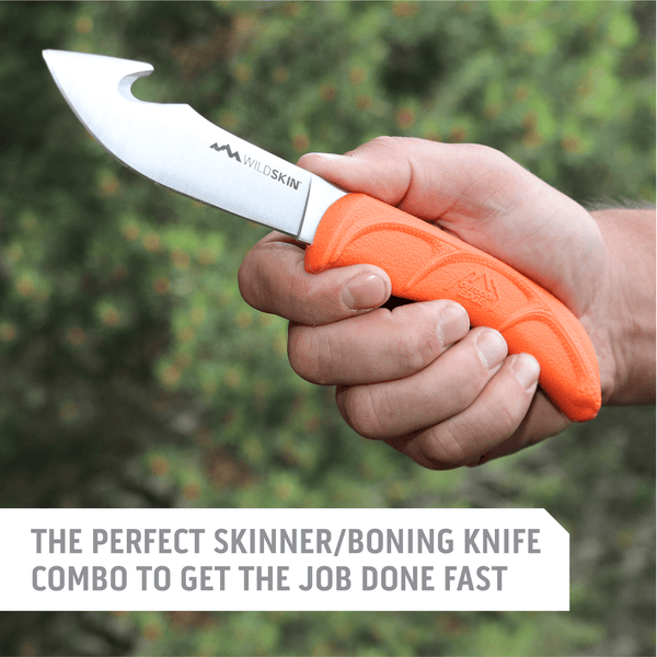 Outdoor Edge WildBone Skinning and Deboning Knife in the field with text "The Perfect Skinner/Boning Knife Combo to get the Job Done Fast."