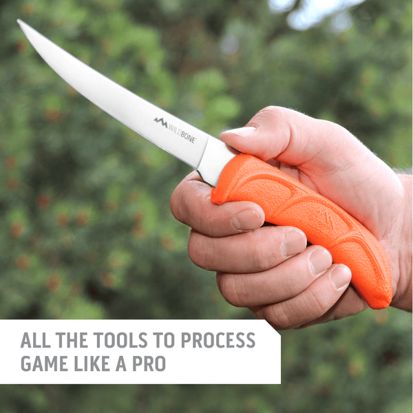 Outdoor Edge WildBone Skinning and Deboning Knife in the field with text "All the tools to process game like a pro."