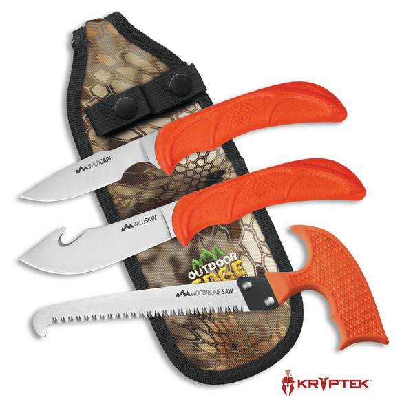 Outdoor Edge WildGuide Hunting Knife Set Product Photo showing caping knife, gut-hook skinner, and wood/bone saw.