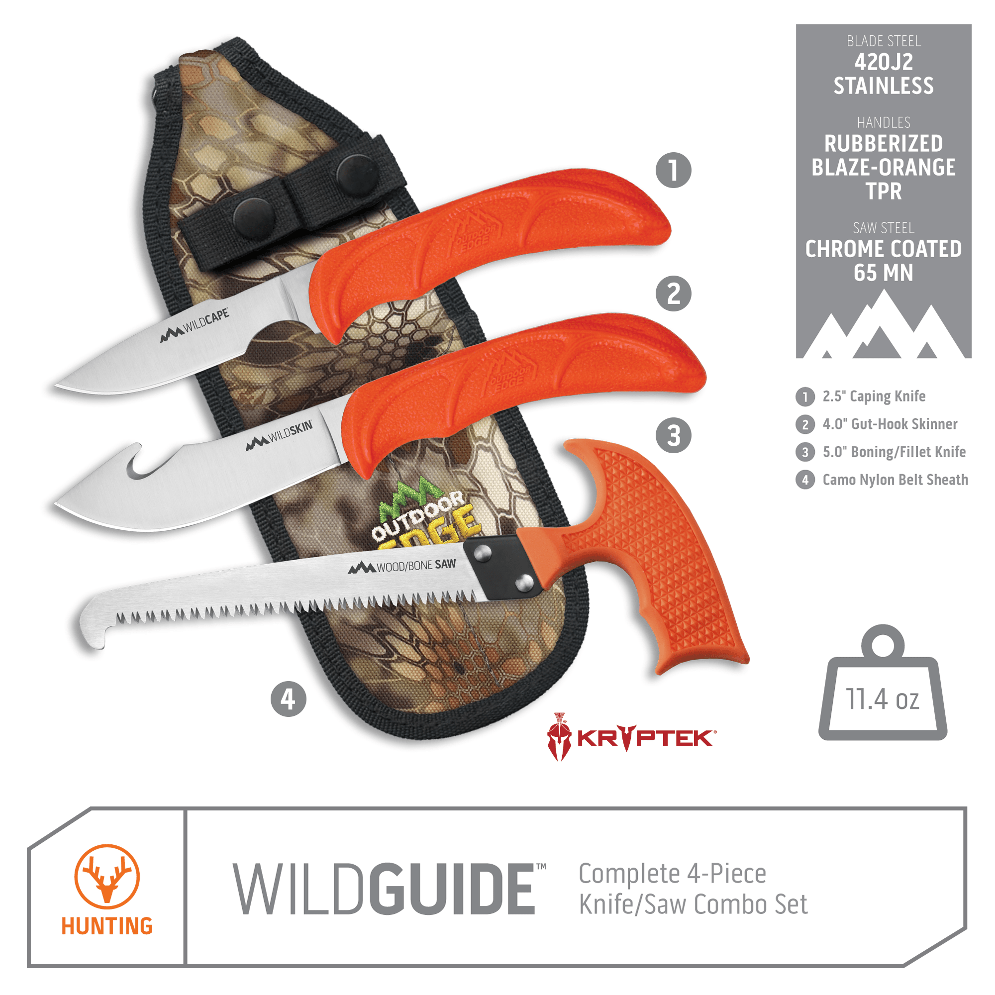 Outdoor Edge WildGuide Hunting Knife Set Product Photo showing caping knife, gut-hook skinner, and wood/bone saw with callouts for each knife.