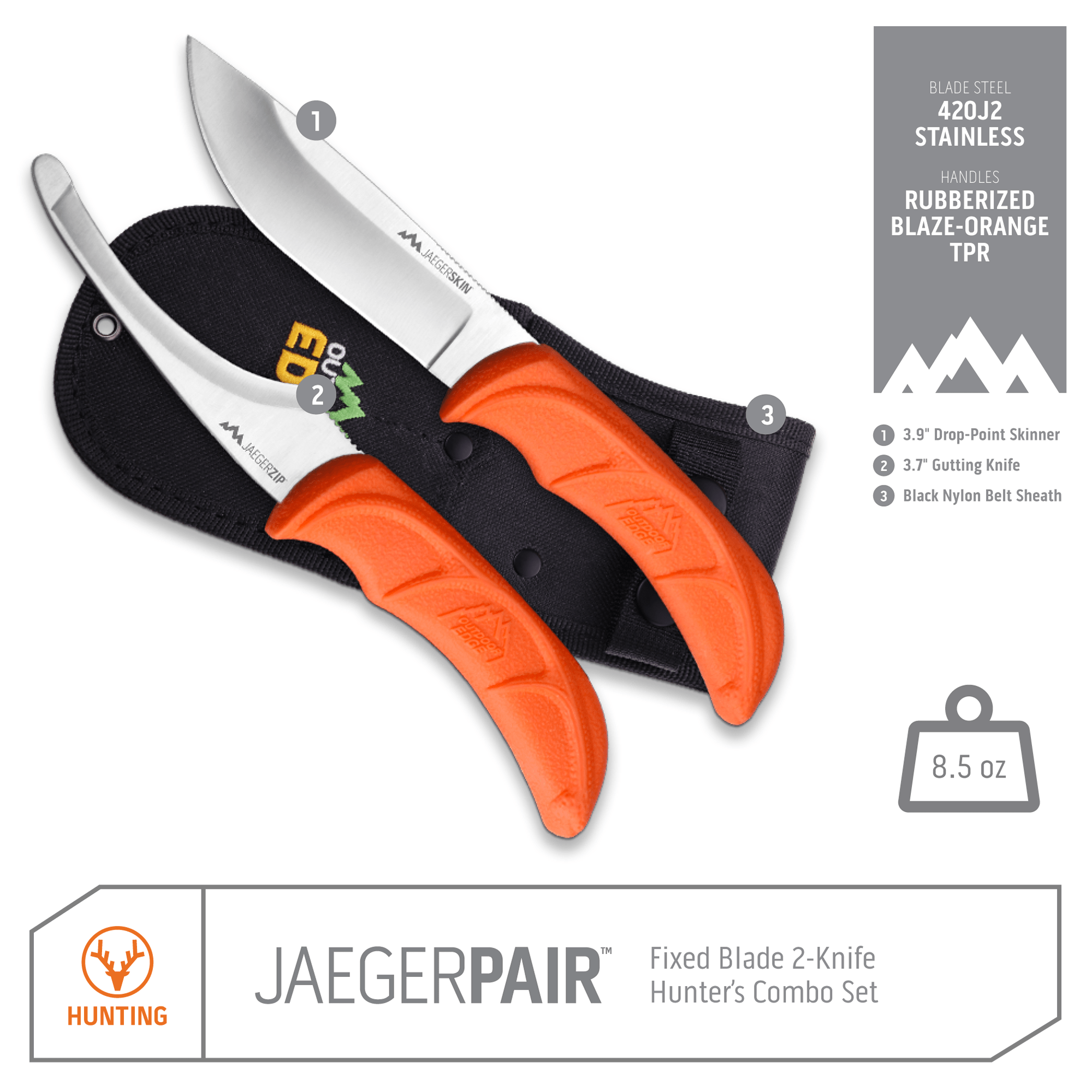 Outdoor Edge JaegerPair Hunting and Field dressing knife product photo with callouts for Drop-Point Skinner, Gutting Knife, and Sheath.