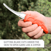 Outdoor Edge JaegerPair Hunting and Field dressing knife product photo showing gutting knife in the field with text "Gutting blade cuts under the skin to open game like a zipper."