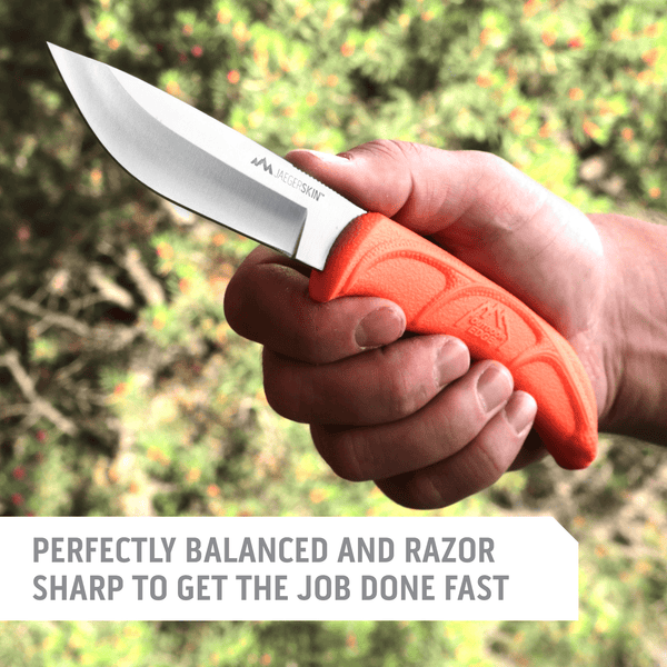 Outdoor Edge JaegerPair Hunting and Field dressing knife product photo showing gutting knife in the field with text "Perfectly balanced and razor sharp to get the job done fast."