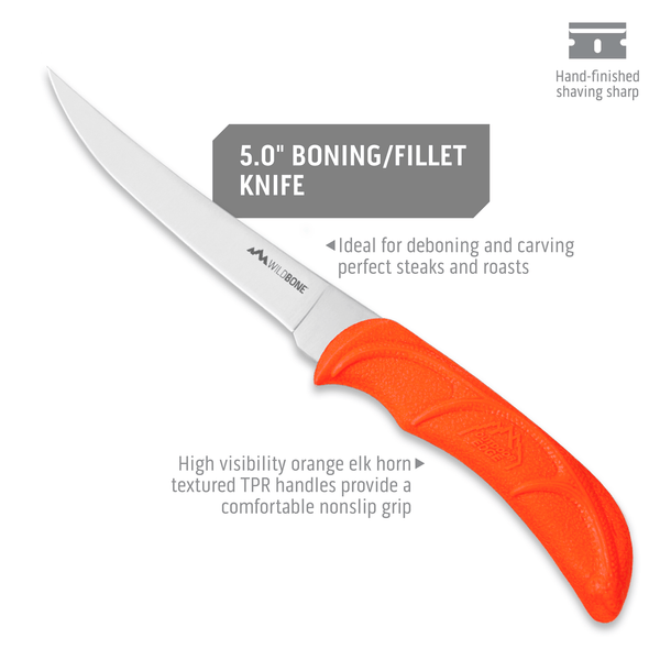 Outdoor Edge Jaeger Pak knife set product photo showing blade length on boning/fillet knife.