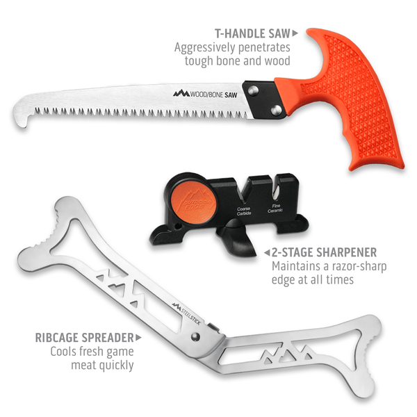 Outdoor Edge Jaeger Pak knife set product photo showing t-handle saw, sharpener, and ribcage spreader.