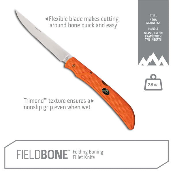 Outdoor Edge Field Bone Deboning and Fillet Knife Product Photo with callouts about flexible blade