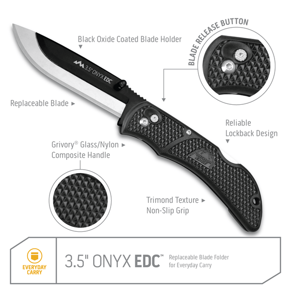 Outdoor Edge 3.5" Onyx EDC Razor Blade Knife Product Photo with callouts