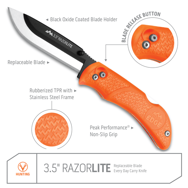 Outdoor Edge Orange RazorLite Razor Blade Knife Product Photo with callouts