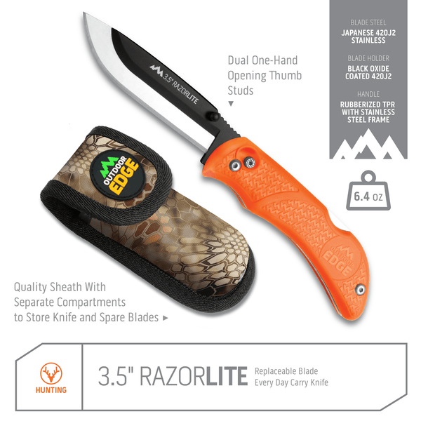 Outdoor Edge Orange RazorLite Razor Blade Knife Product Photo showing knife and case with callouts