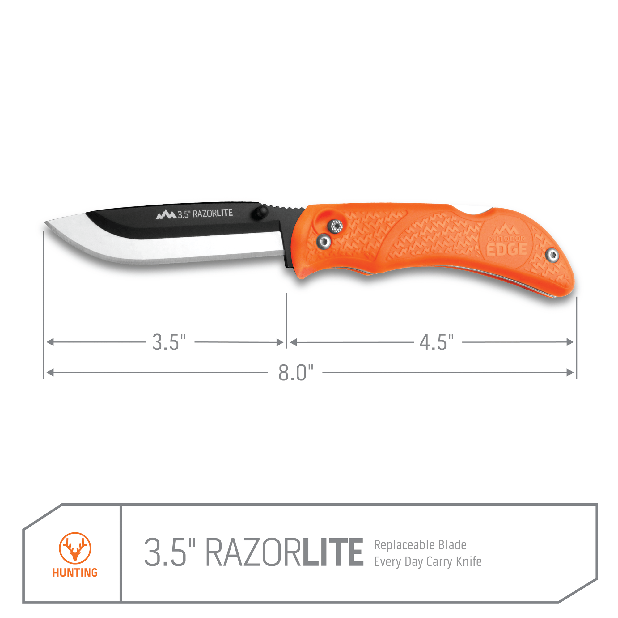 Outdoor Edge Orange RazorLite Razor Blade Knife Product Photo showing blade length and handle length