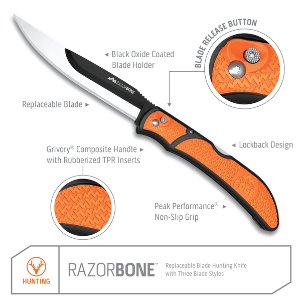 Outdoor Edge Orange RazorBone Hunting Knife with product call outs