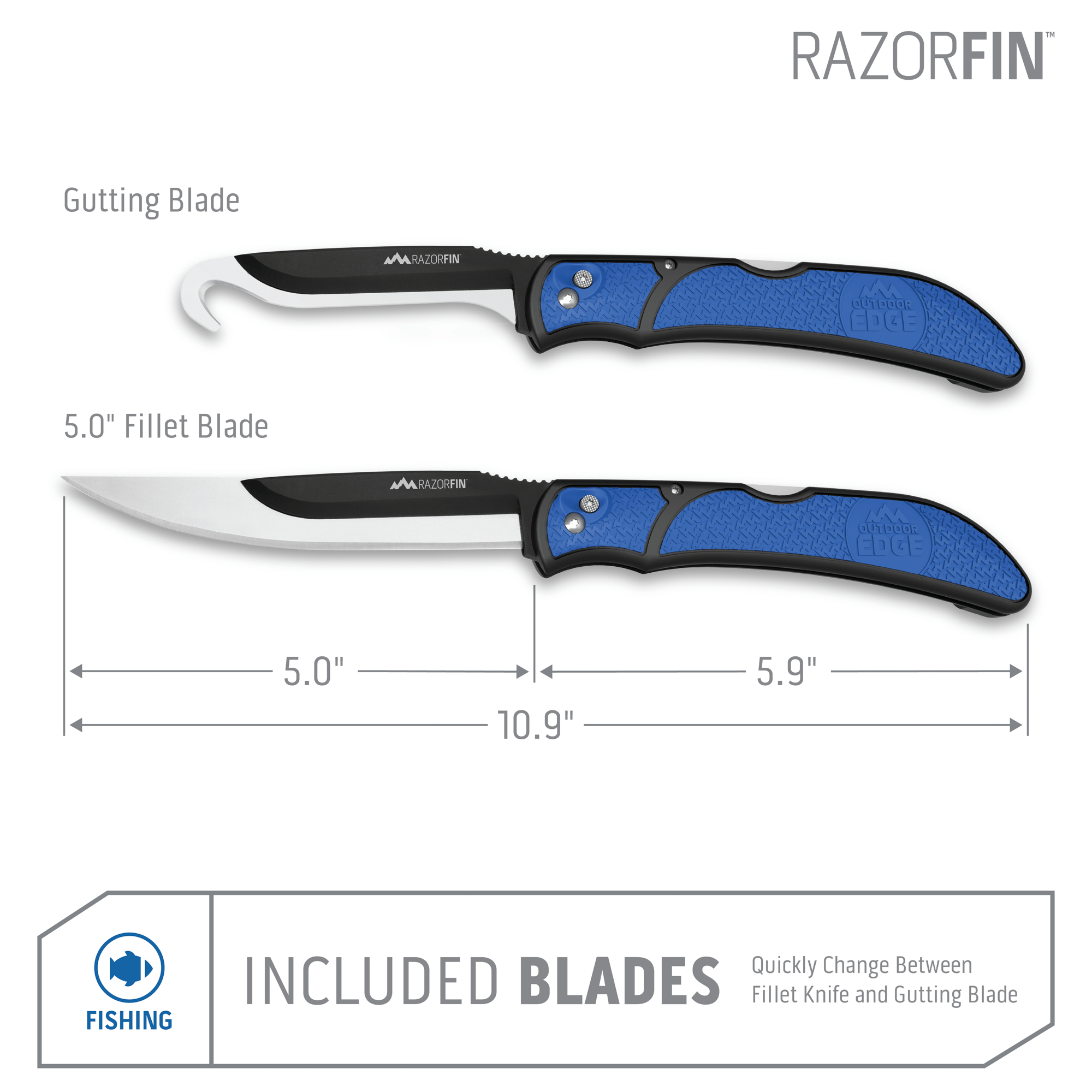 Outdoor Edge RazorFin Filet Knife Product Photo showing gutting blade and fillet blade